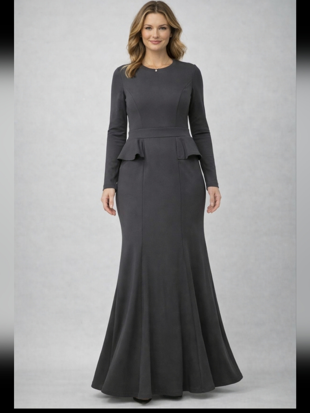 CaiDieNu Women’s XL Black Maxi Dress Long Sleeve Peplum Mermaid Evening Gown